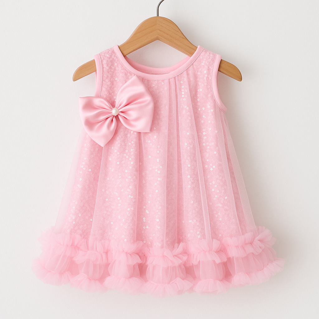 Pink Sequin Baby Girl Party Frock with Bow & Ruffles