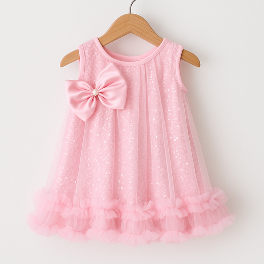 Pink Sequin Baby Girl Party Frock with Bow & Ruffles