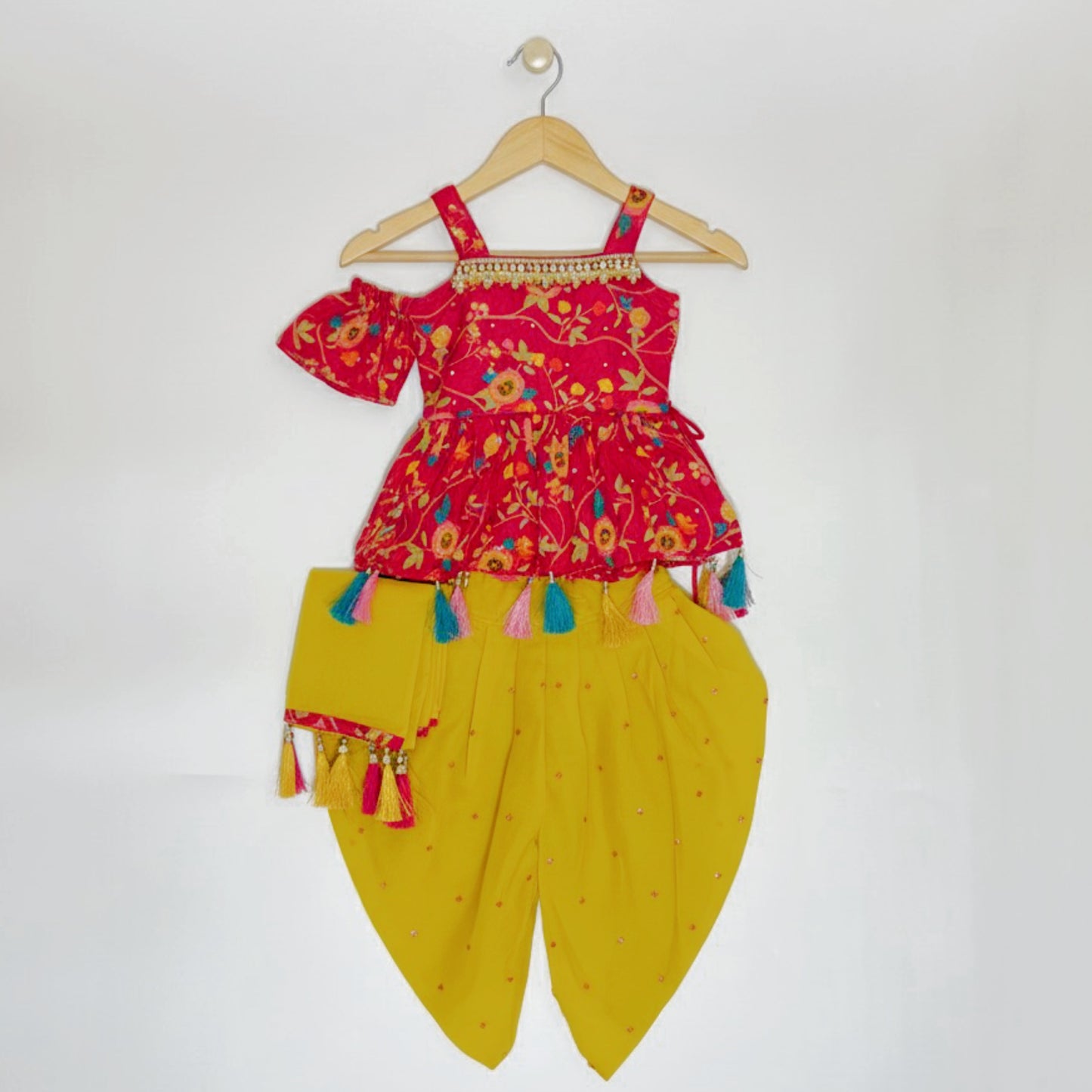 Red & Yellow Kids Dhoti Set with Floral Top and Dupatta