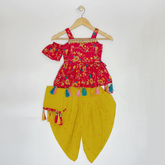 Red & Yellow Kids Dhoti Set with Floral Top and Dupatta