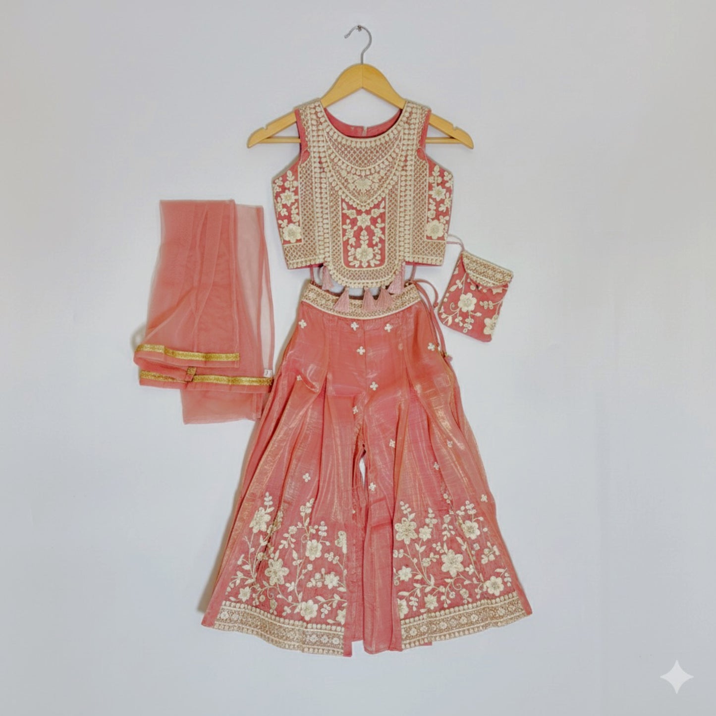 Peach Embroidered Sharara Set with Dupatta & Potli Bag