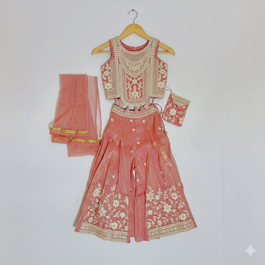 Peach Embroidered Sharara Set with Dupatta & Potli Bag