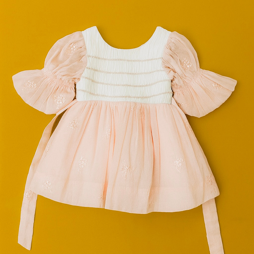 Elegant Baby Girl Net Dresses with Smocked Bodice & Puffy Sleeves