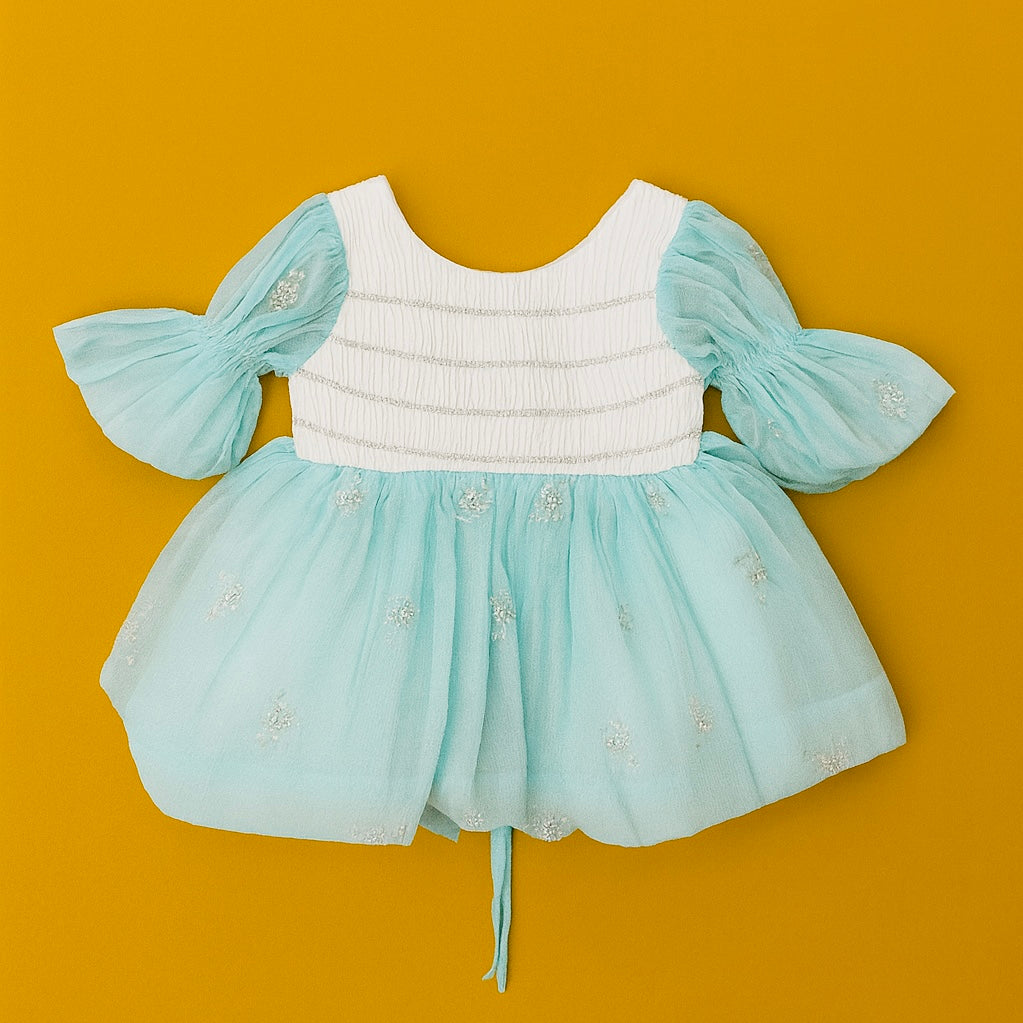 Elegant Baby Girl Net Dresses with Smocked Bodice & Puffy Sleeves