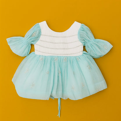 Elegant Baby Girl Net Dresses with Smocked Bodice & Puffy Sleeves