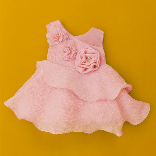 Baby Pink Layered Party Frock with Floral Appliqué