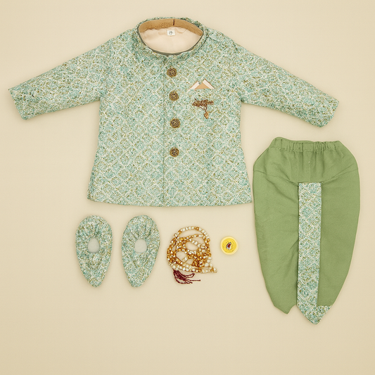 Mint Green Brocade Sherwani Set with Dhoti & Mojaris for Boys - Mamadada