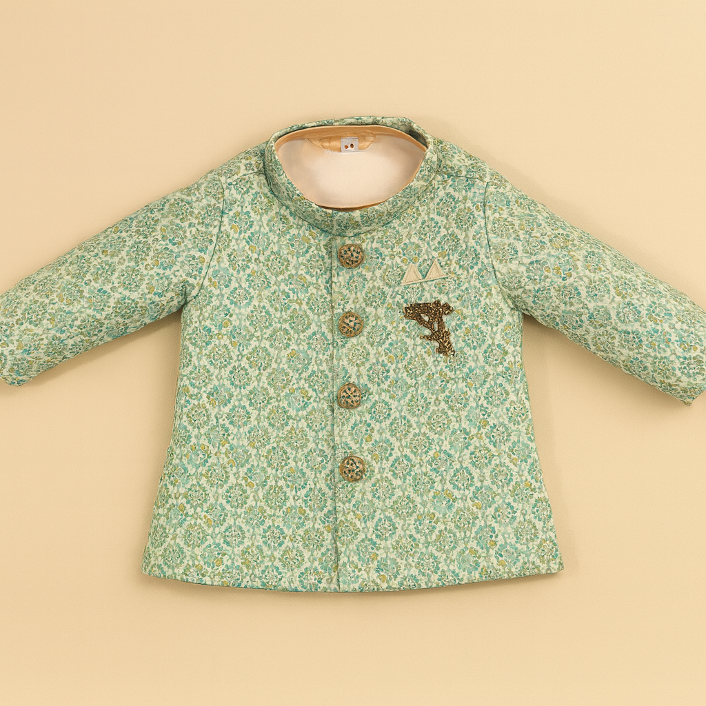 Mint Green Brocade Sherwani Set with Dhoti & Mojaris for Boys - Mamadada