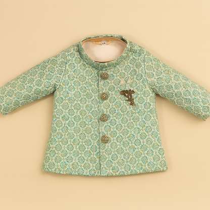 Mint Green Brocade Sherwani Set with Dhoti & Mojaris for Boys - Mamadada
