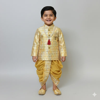 Golden Brocade Sherwani Set with Dhoti & Mojaris for Boys - Mamadada
