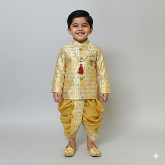 Golden Brocade Sherwani Set with Dhoti & Mojaris for Boys - Mamadada