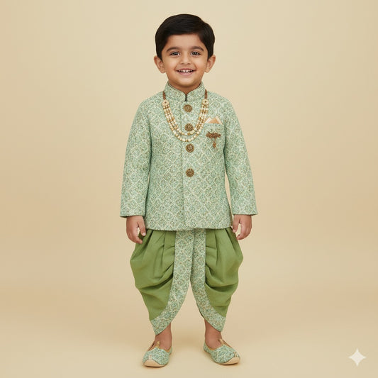 Mint Green Brocade Sherwani Set with Dhoti & Mojaris for Boys - Mamadada
