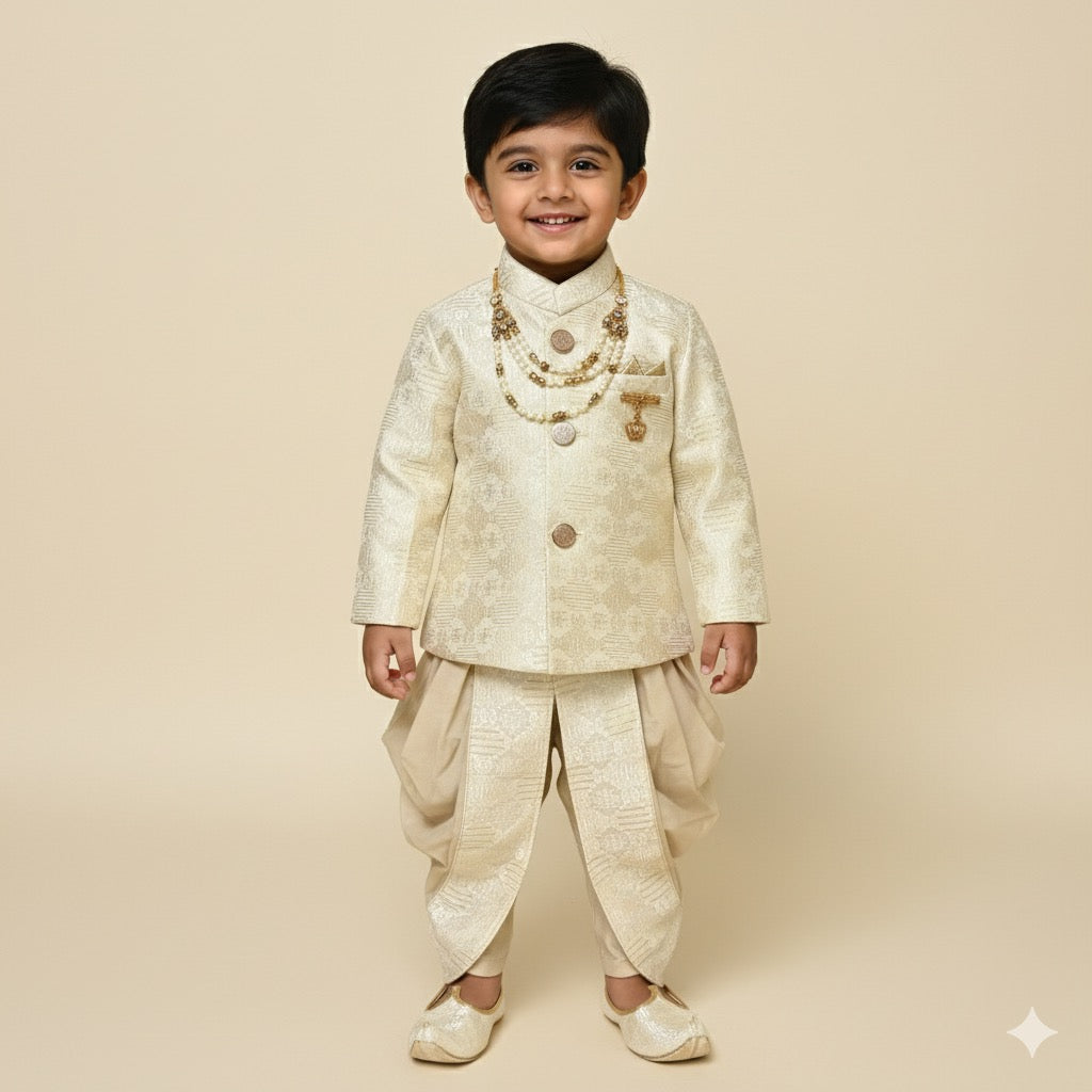 Cream Brocade Sherwani Set with Dhoti & Mojaris for Boys - Mamadada