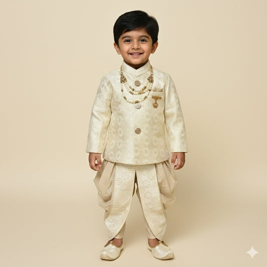 Cream Brocade Sherwani Set with Dhoti & Mojaris for Boys - Mamadada