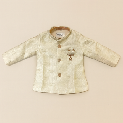 Cream Brocade Sherwani Set with Dhoti & Mojaris for Boys - Mamadada