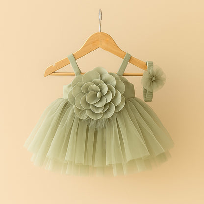 Sage Green Tulle Party Dress for Girls with Floral Appliqué - Mamadada