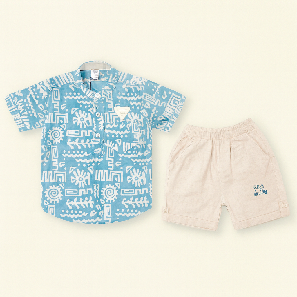 Boys Sky Blue Tribal Print Shirt with Cream Shorts - Mamadada