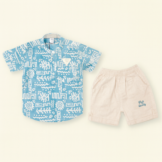 Boys Sky Blue Tribal Print Shirt with Cream Shorts - Mamadada