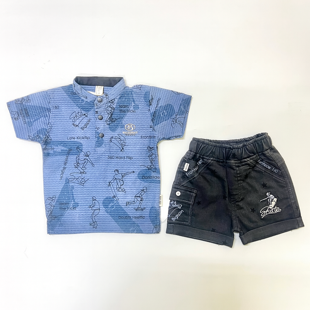 Boys Blue Skate Print Shirt with Black Shorts - Mamadada