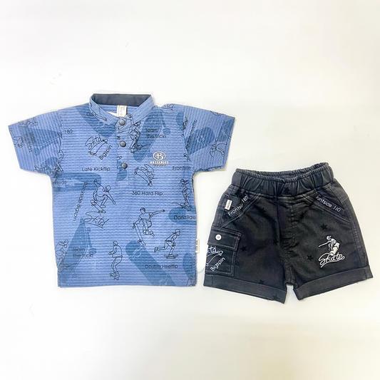 Boys Blue Skate Print Shirt with Black Shorts - Mamadada
