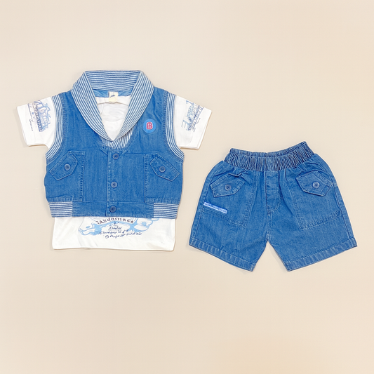 Boys Denim Vest Style Shirt with Matching Shorts - Mamadada