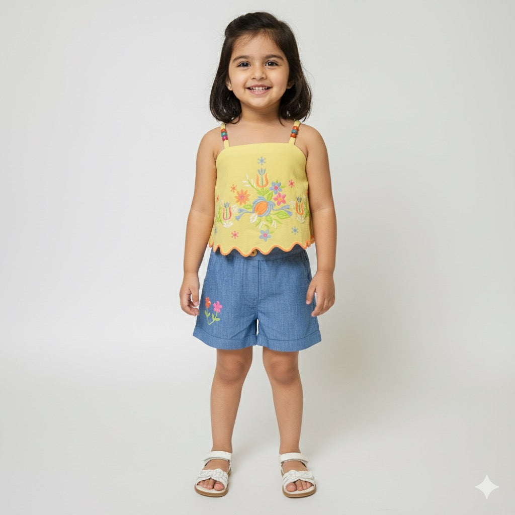 Sunny Blossom Embroidered Muslin Co-ord Set - Mamadada