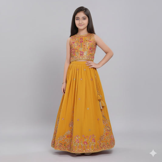 Mustard Embroidered Lehenga with Floral Sequin Blouse - Mamadada