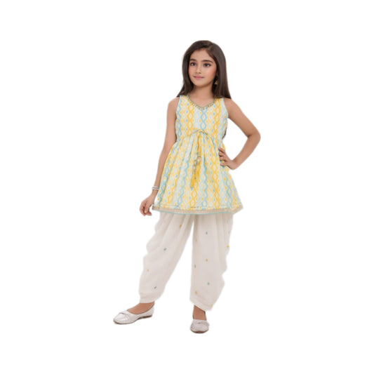 Yellow Ikat Peplum Kurta with White Dhoti Pants for Girls - Mamadada