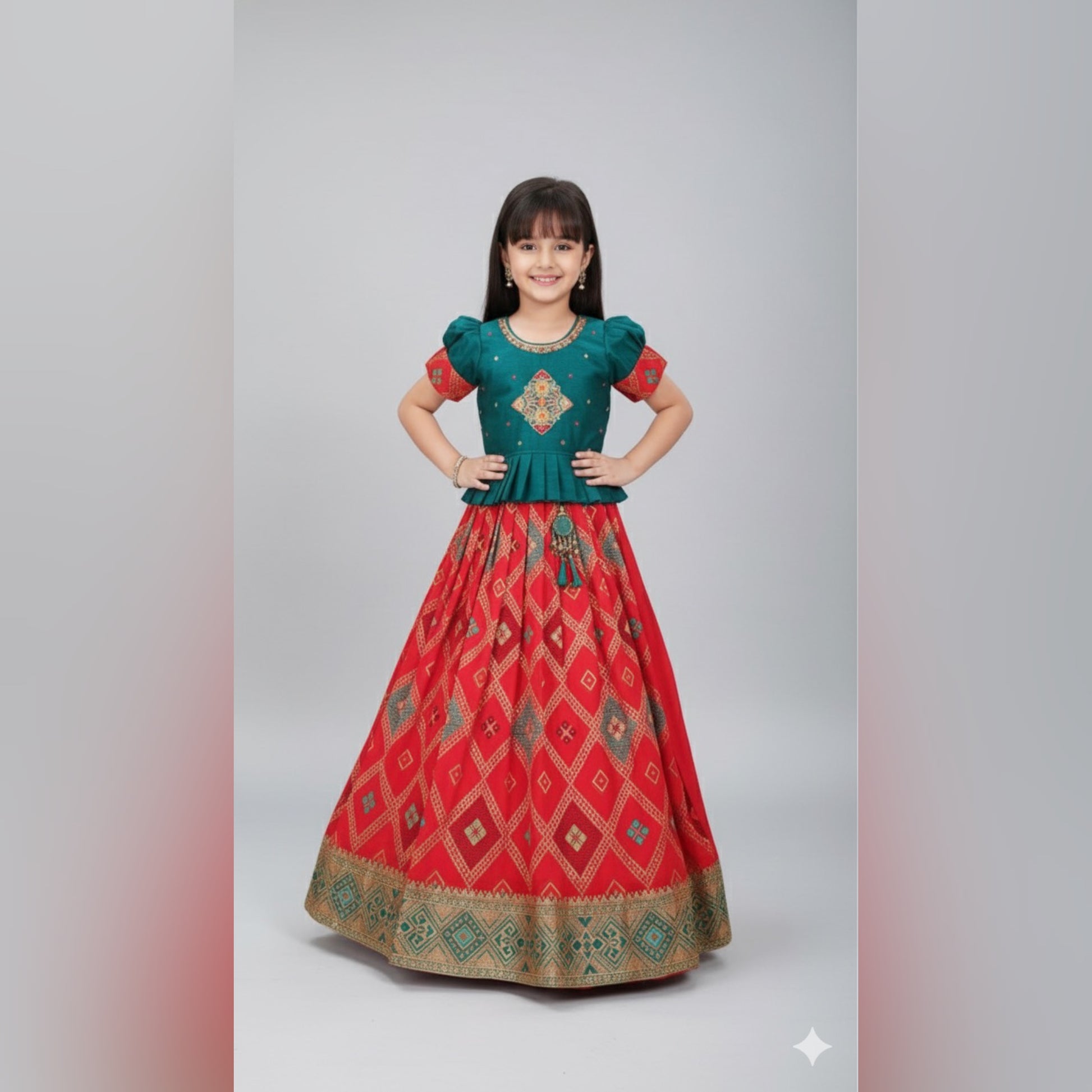 Red Diamond Banarasi Lehenga with Teal Blouse - Mamadada