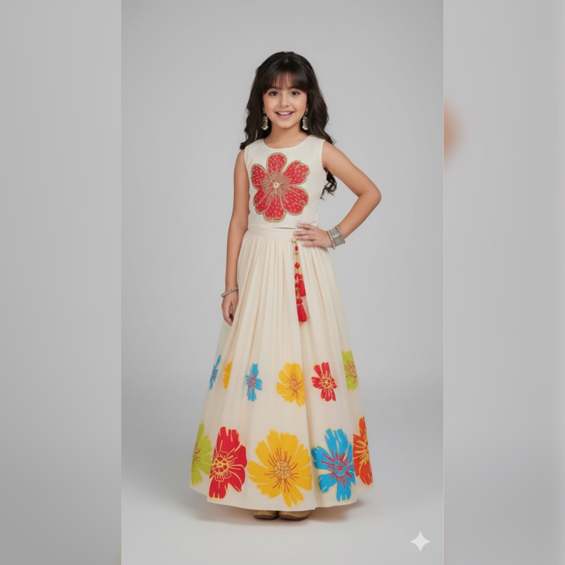 Cream Floral Embroidered Gown for Girls - Mamadada