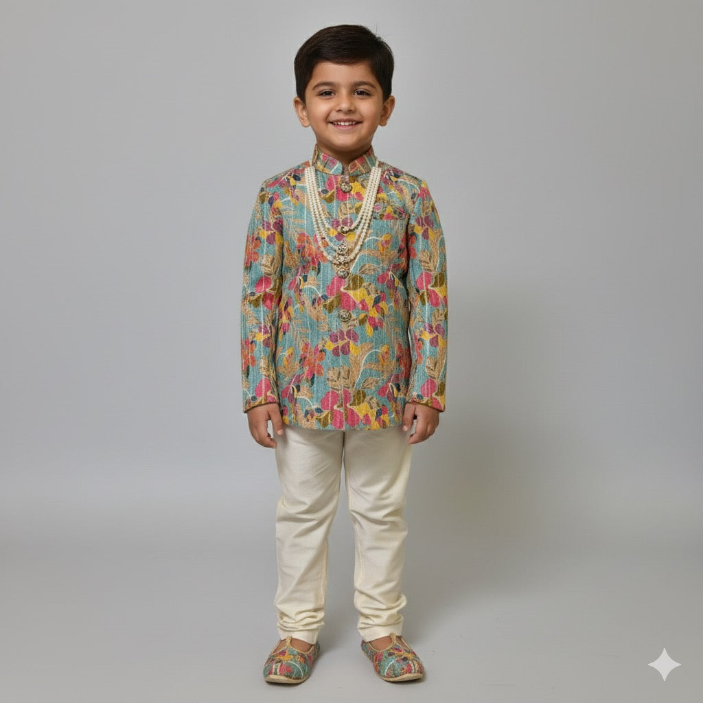 Aqua Floral Printed Kurta & Cream Pant Set – Regalia by BabyOne - Mamadada