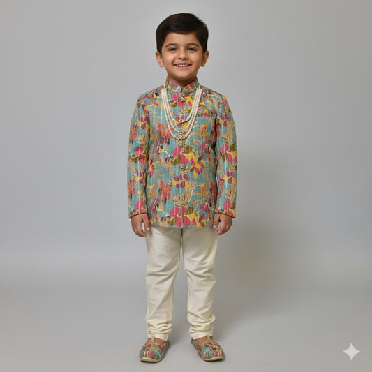 Aqua Floral Printed Kurta & Cream Pant Set – Regalia by BabyOne - Mamadada
