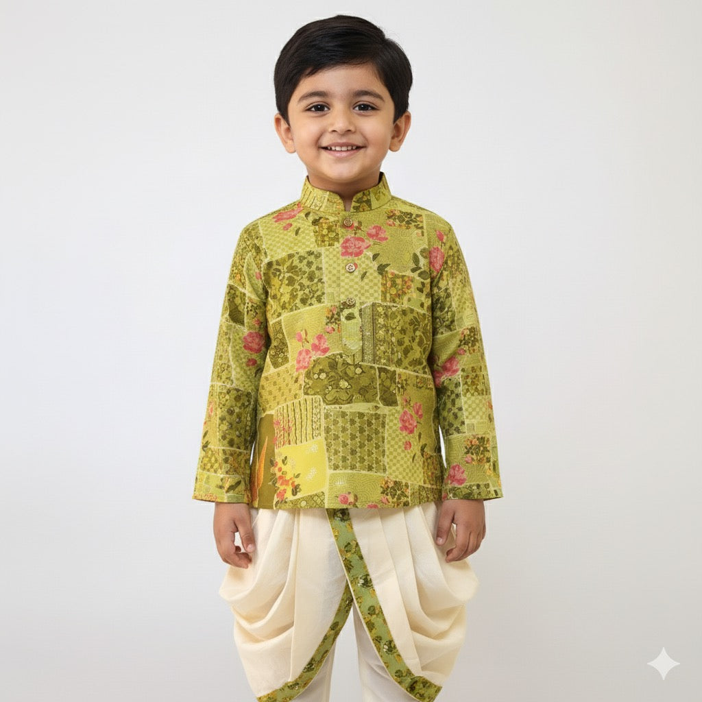 Green Patchwork Kurta with Dhoti - Mamadada