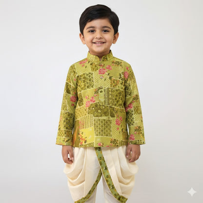 Green Patchwork Kurta with Dhoti - Mamadada
