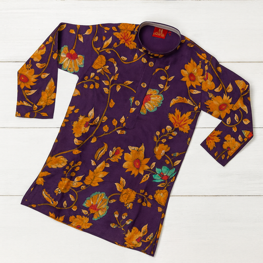 Royal Purple Floral Printed Kurta Set for Boys - Mamadada