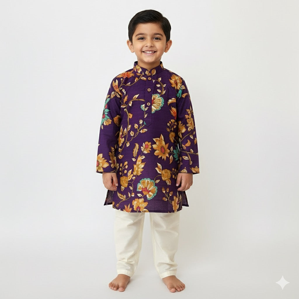 Royal Purple Floral Printed Kurta Set for Boys - Mamadada