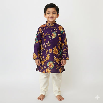 Royal Purple Floral Printed Kurta Set for Boys - Mamadada