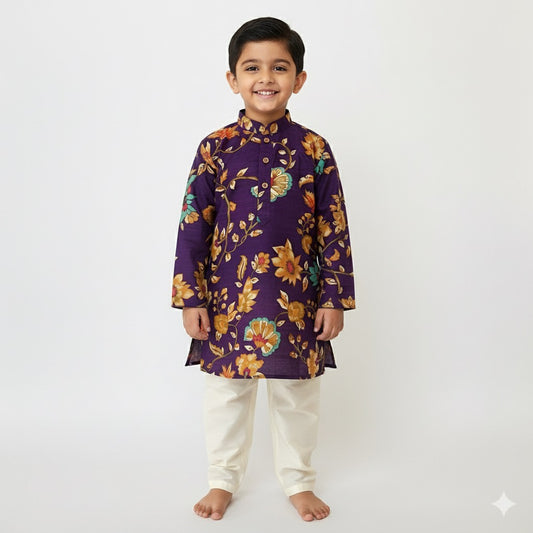 Royal Purple Floral Printed Kurta Set for Boys - Mamadada