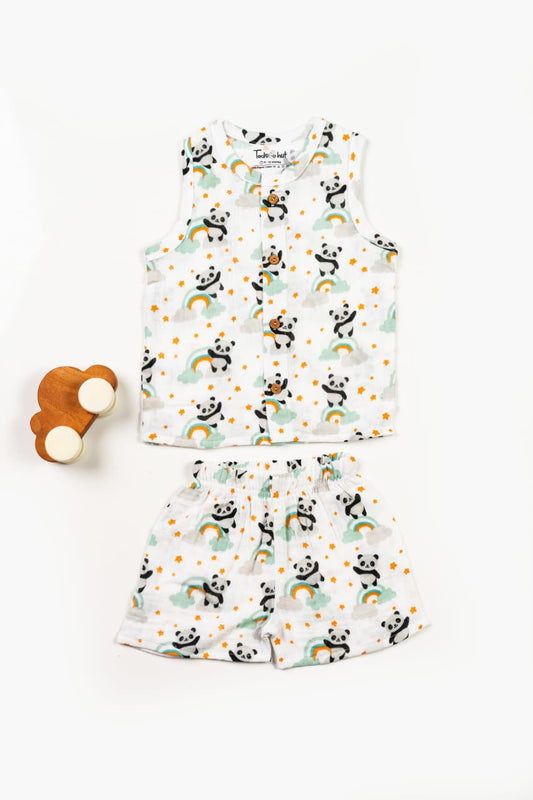 SLEEVELESS PANDA PRINT MUSLIN JABLA & SHORTS SET -WHITE