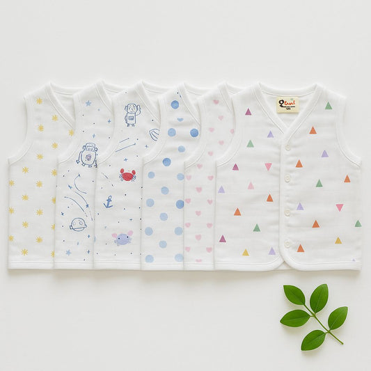 PACK OF 6 UNISEX SLEEVELESS COTTON BABY VESTS - ASSORTED PRINTS