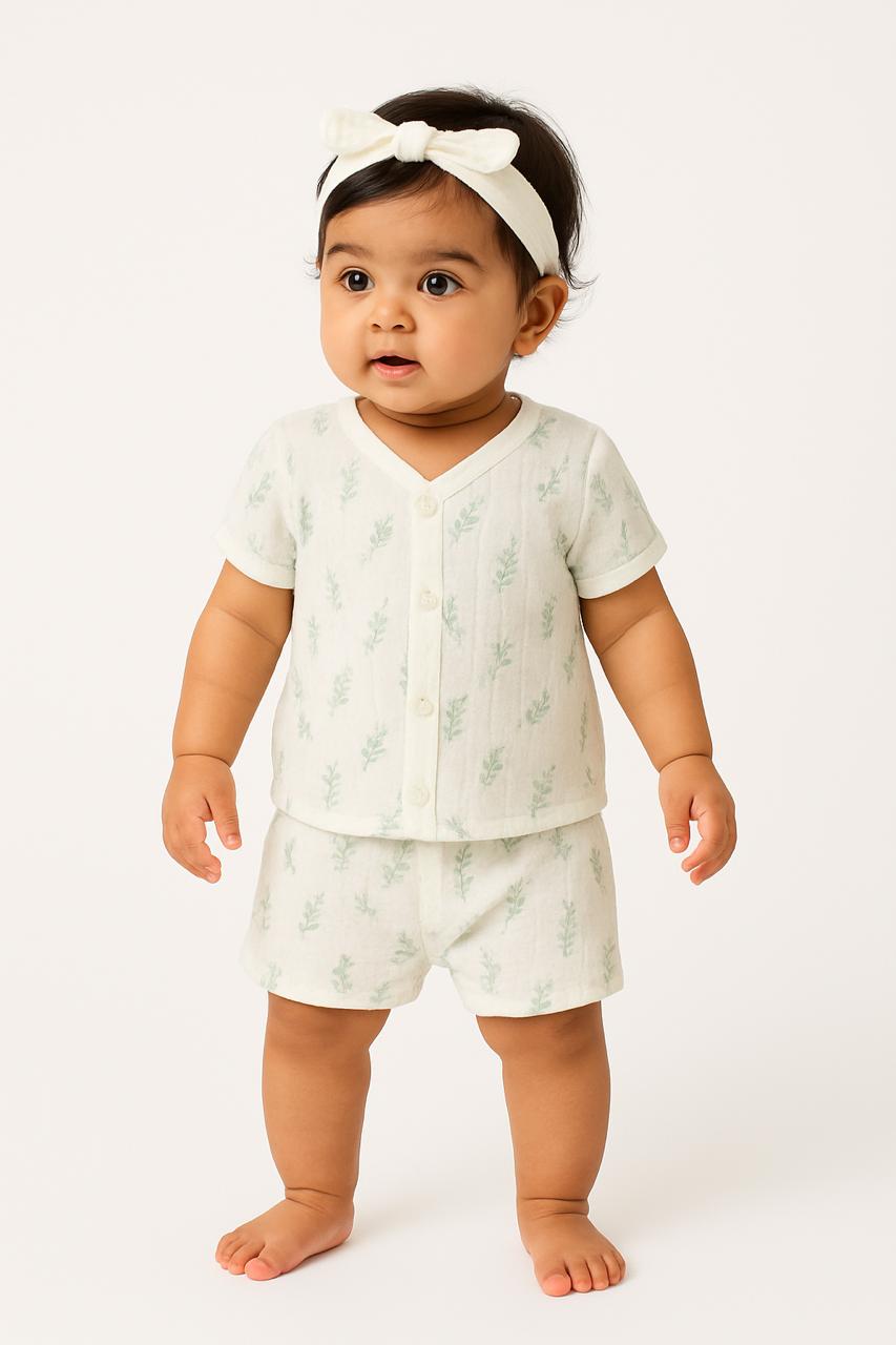 Leaf Print Muslin Jabla & Shorts Set
