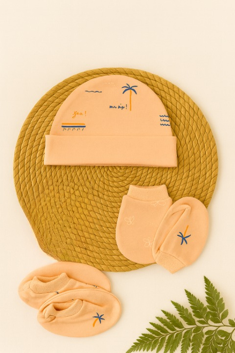 Peach Beach Vibes Newborn Cap, Mittens & Booties Set
