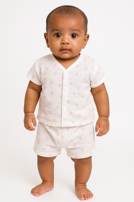 Pink Star Muslin Jabla & Shorts Set