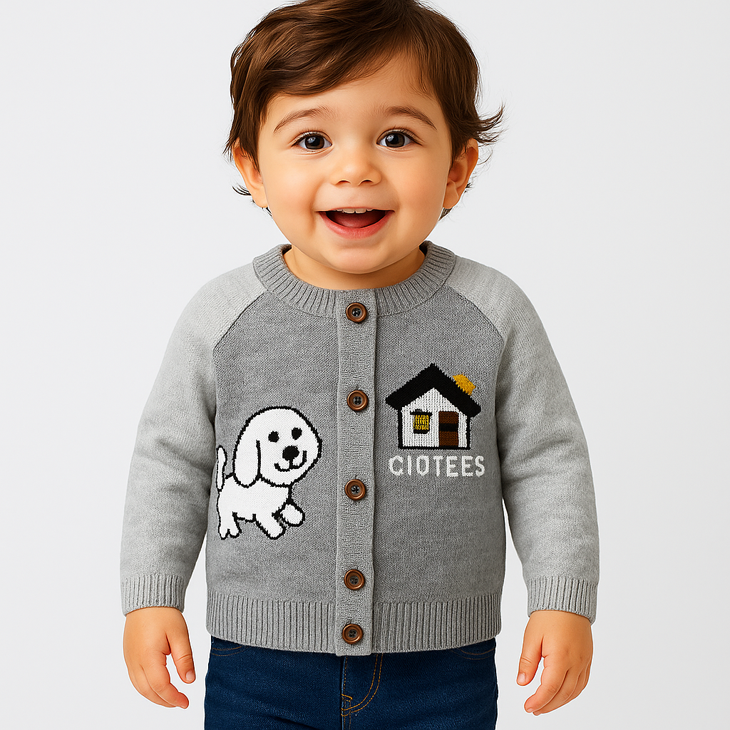 Puppy House Knit Winter Cardigan – Grey