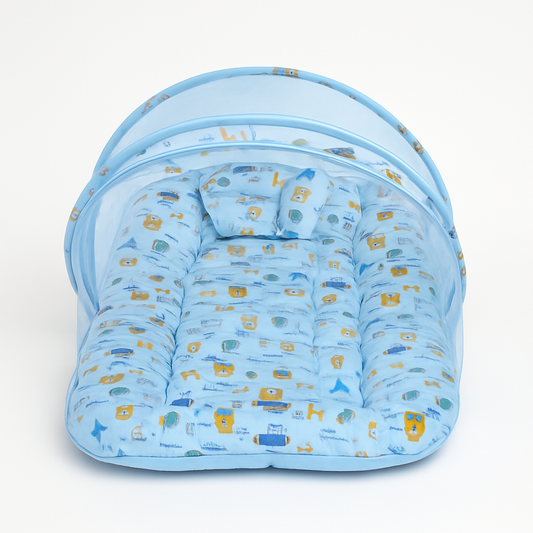 Blue baby play mat with bolsters and pillow
