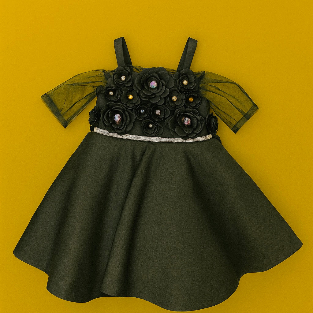 Stylish Baby Girl Frocks with 3D Floral Appliqué & Net Sleeves