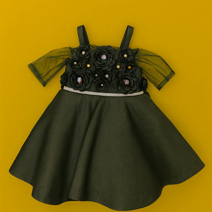Stylish Baby Girl Frocks with 3D Floral Appliqué & Net Sleeves