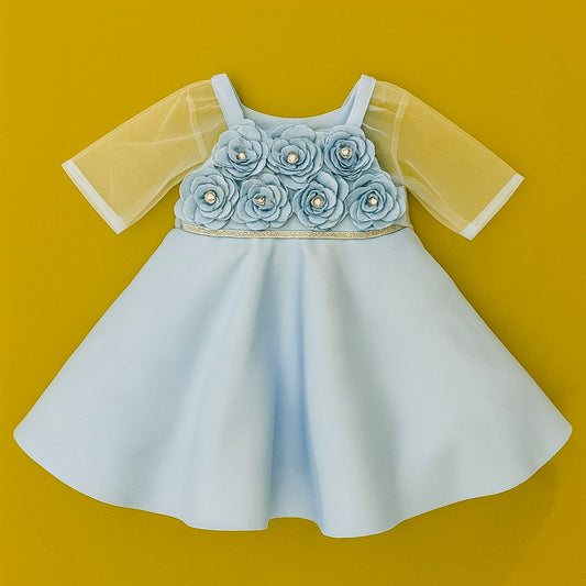 Stylish Baby Girl Frocks with 3D Floral Appliqué & Net Sleeves
