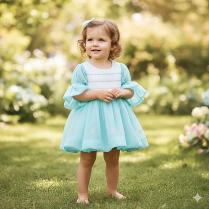 Elegant Baby Girl Net Dresses with Smocked Bodice & Puffy Sleeves
