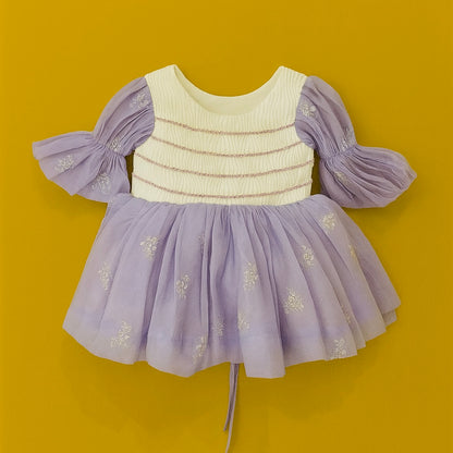 Elegant Baby Girl Net Dresses with Smocked Bodice & Puffy Sleeves